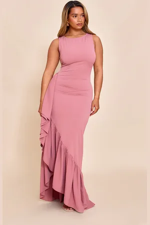 PRETTYLITTLETHING Shape Stretch Woven Boat Neck Side Split Frill Maxi Dress