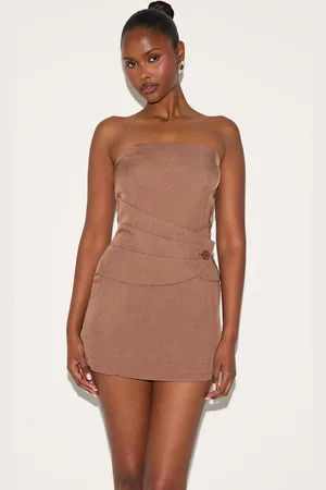 PRETTYLITTLETHING Woven Wrap Button Bandeau Mini Dress