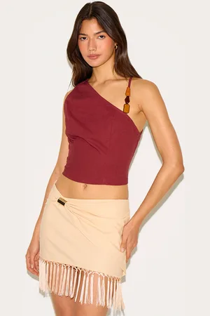PRETTYLITTLETHING Lightweight Woven Asymmetric Beaded Crop Top