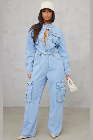 PRETTYLITTLETHING Petite Denim Cargo Wide Leg Jumpsuit