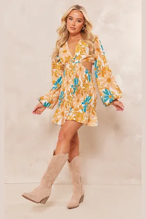 PRETTYLITTLETHING Floral Shirred Button Cut Out Long Sleeve Bodycon Dress