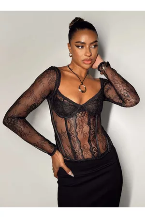 Princess Polly Women Long Sleeved Shirts - Some Like It Hot Long Sleeve Lace Corset Black