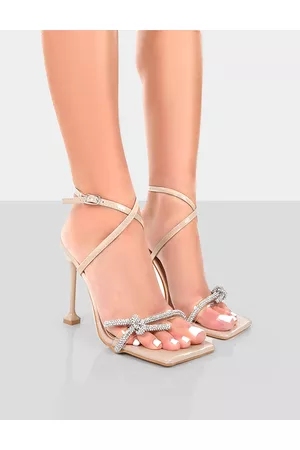 Public Desire Glitter Nude Wrap Around Diamante Bow Square Toe Heels