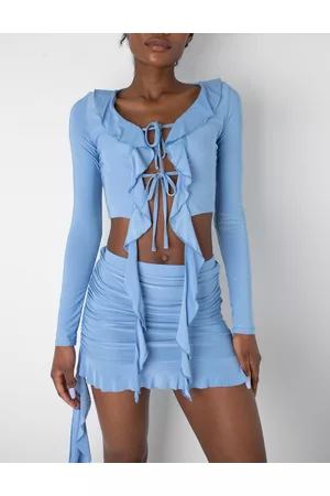 Public Desire Frill Detail Tie Front Cardigan Top Baby Blue