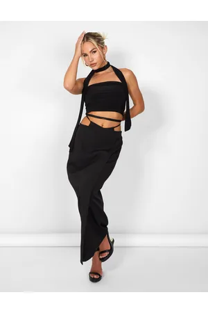 Public Desire Kaiia Wrap Tie Side Maxi Skirt in Black