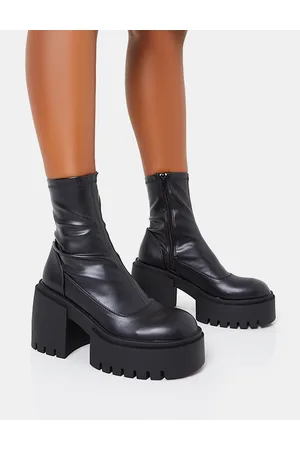 Supine Black Pu Chunky Platform High Heeled Ankle Boots