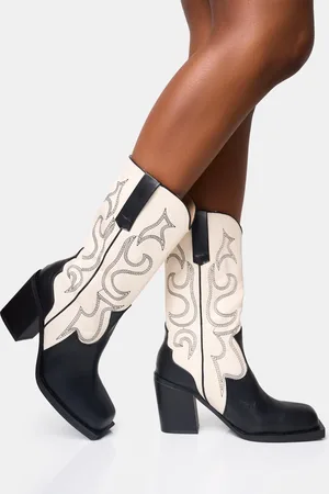 Public Desire Texas Wide Fit Black and Ecru Western Block Heel Ankle Boots
