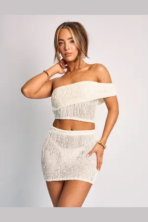 Public Desire Textured Foldover One Shoulder Crop Top Co Ord Cream