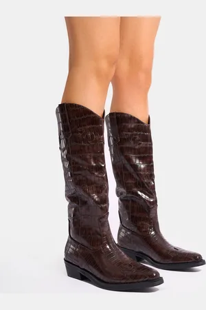 Public Desire Apollo Brown Croc Flat Western Knee High Boots