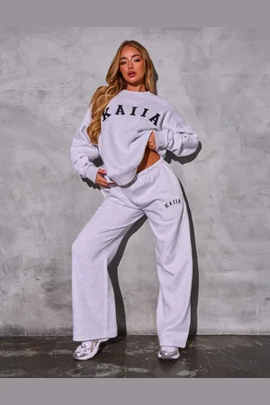 Public Desire Kaiia Logo Wide Leg Joggers Light Grey Marl & Black