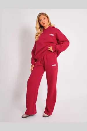 Public Desire Kaiia Ribbed Waistband Wide Leg Joggers Red & Pink
