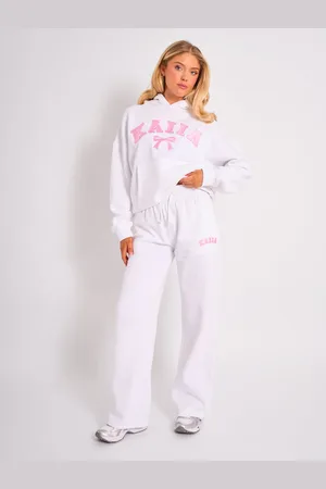 Public Desire Kaiia Bow Embroidered Ribbed Waistband Wide Leg Joggers White & Pink