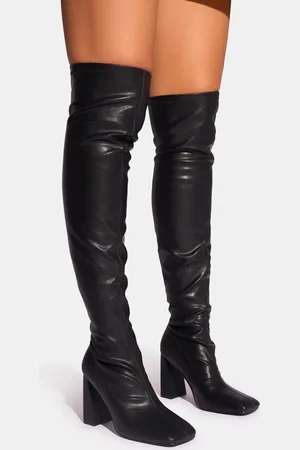 Public Desire Showoff Black Pu Block Heel Over the Knee Boot