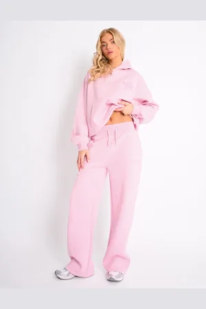 Public Desire Kaiia Bow Ribbed Waistband Wide Leg Joggers Baby Pink