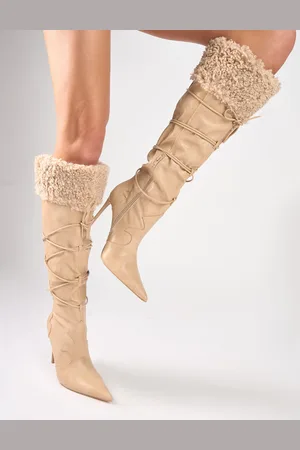 Public Desire Crusader Cream Fur Trim Western Inspired Pointed Toe Boots