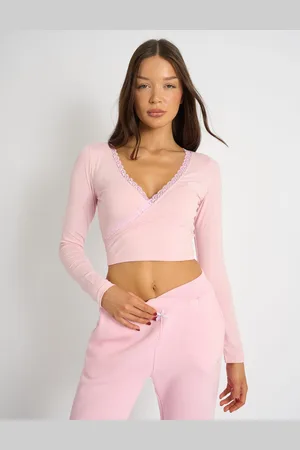 Public Desire Kaiia Lace Trim Wrap Long Sleeve Top Pink