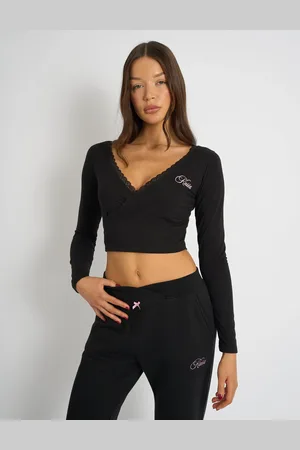 Public Desire Kaiia Lace Trim Wrap Long Sleeve Top Black