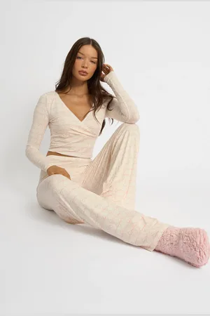 Public Desire Kaiia Bow Print Lace Wrap Top & Trouser Pj Set Cream & Pink