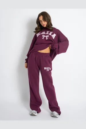 Public Desire Kaiia Bow Embroidered Ribbed Waistband Wide Leg Joggers Plum & Baby Pink
