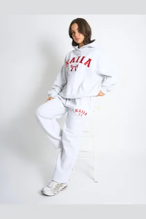 Public Desire Kaiia Bow Embroidered Ribbed Waistband Wide Leg Joggers Light Grey Marl & Red