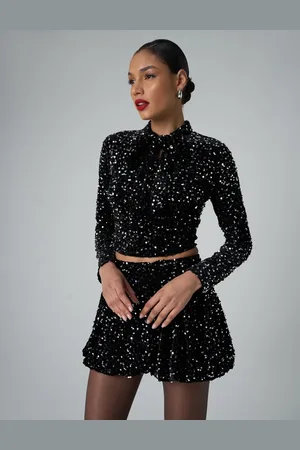 Public Desire Bow Detail Sequin Long Sleeve Cropped Top Black