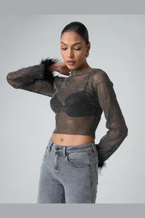 Public Desire Feather Cuff Detail Diamante Mesh Cropped Top Black