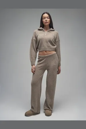 Public Desire Kaiia Knit Wide Leg Trousers Taupe