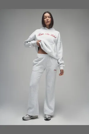 Public Desire Kaiia Script Logo Wide Leg Joggers Light Grey Marl & Red