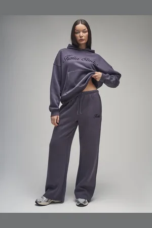 Public Desire Kaiia Studio Script Logo Wide Leg Joggers Dark Grey