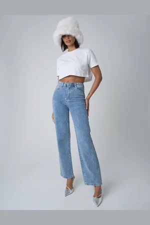 Public Desire Clear Diamante Straight Fit High Rise Demin Blue Jeans