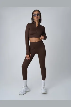 Public Desire Ribbed High Waisted Bum Lift Leggings Chocolate