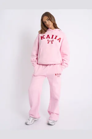 Public Desire Kaiia Bow Embroidered Wide Leg Joggers Baby Pink & Red
