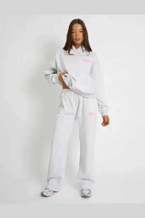 Public Desire Kaiia Bubble Script Bow Detail Wide Leg Joggers Grey Marl & Pink