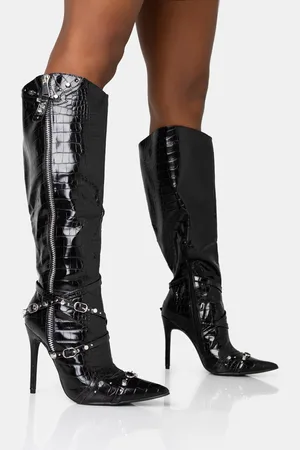 Public Desire Worthy Black Croc Studded Zip Detail Pointed Stiletto Knee High Boots