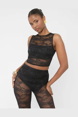 Public Desire Lace Round Neck Sleeveless Crop Top Black