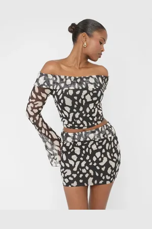 Public Desire Mesh Bardot Fold Over Long Sleeve Crop Top Animal Print