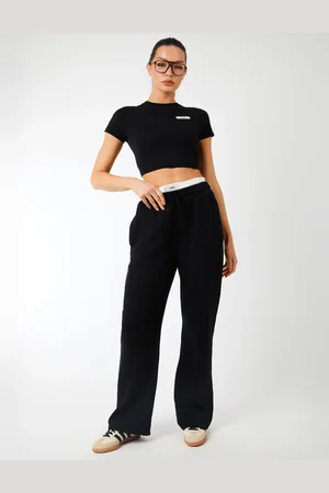 Public Desire Kaiia Label Logo Exposed Waistband Wide Leg Joggers Black