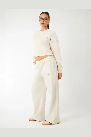Public Desire Kaiia Label Logo Rib Panel Wide Leg Joggers Cream