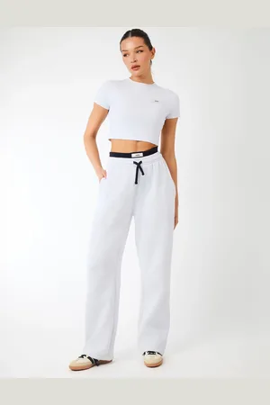 Public Desire Kaiia Label Logo Exposed Waistband Wide Leg Joggers Light Grey Marl