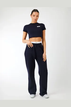 Public Desire Kaiia Label Logo Exposed Waistband Wide Leg Joggers Navy