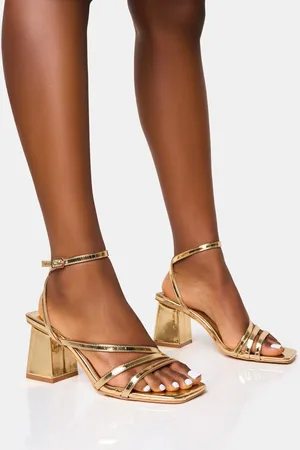 Public Desire Robin Gold Wide Strappy Square Toe Mid Block Heels