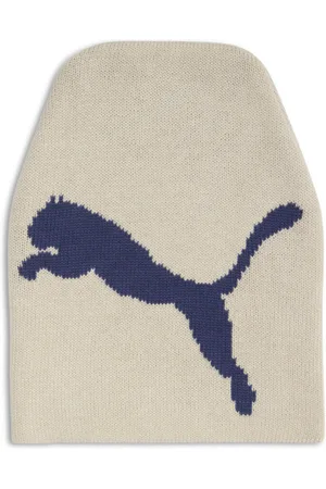 PUMA Long Knit Beanie Hat in Cream/Blue