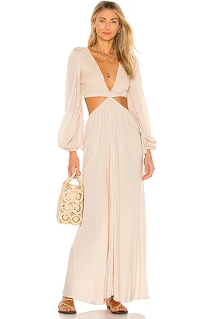 Indah Julie Solid Ruched Bodice Cutaway Maxi Dress in Beige. - size M (also in S)