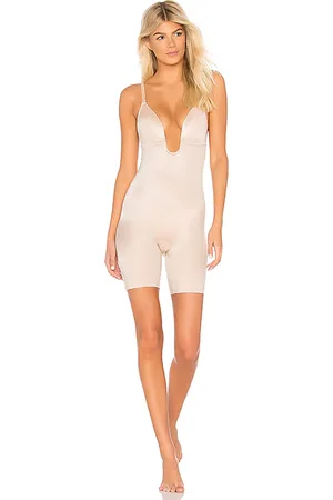 Spanx Shapeâ¢ Suit Your Fancy Plunge Low-Back Mid-Thigh Bodysuit in Beige. - size M (also in S, XS)