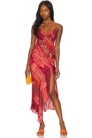 ALICE+OLIVIA Harmony Asymmetrical Midi Dress in Coral.