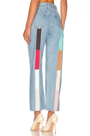 Still Here Women High Waisted Jeans - Tate High Rise Straight Crop in Blue.