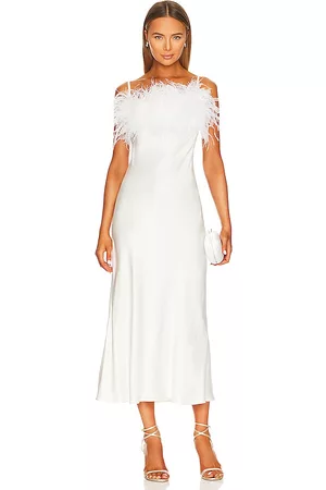 Sleeper Boheme Slip Dress with Feathers in White.