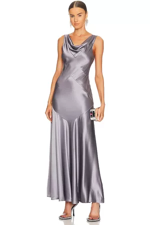 Nicholas Senie Cowl Neck Gown with Side Slit in Metallic Silver.