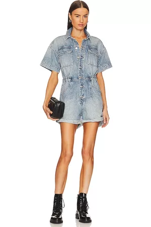 Free People Women Dungarees - Marci Cuffed Shortall in Blue.