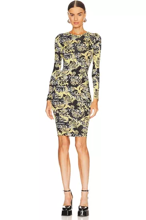 VERSACE Logo Couture Long Sleeve Dress in Yellow.